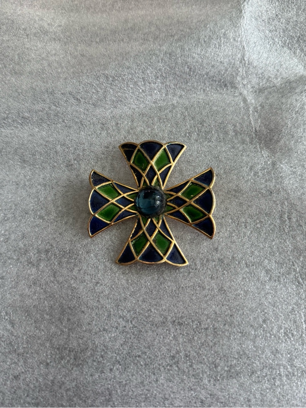 Vintage WEISS Enamel Cross Pin with Blue Cabochon Center - no pin!